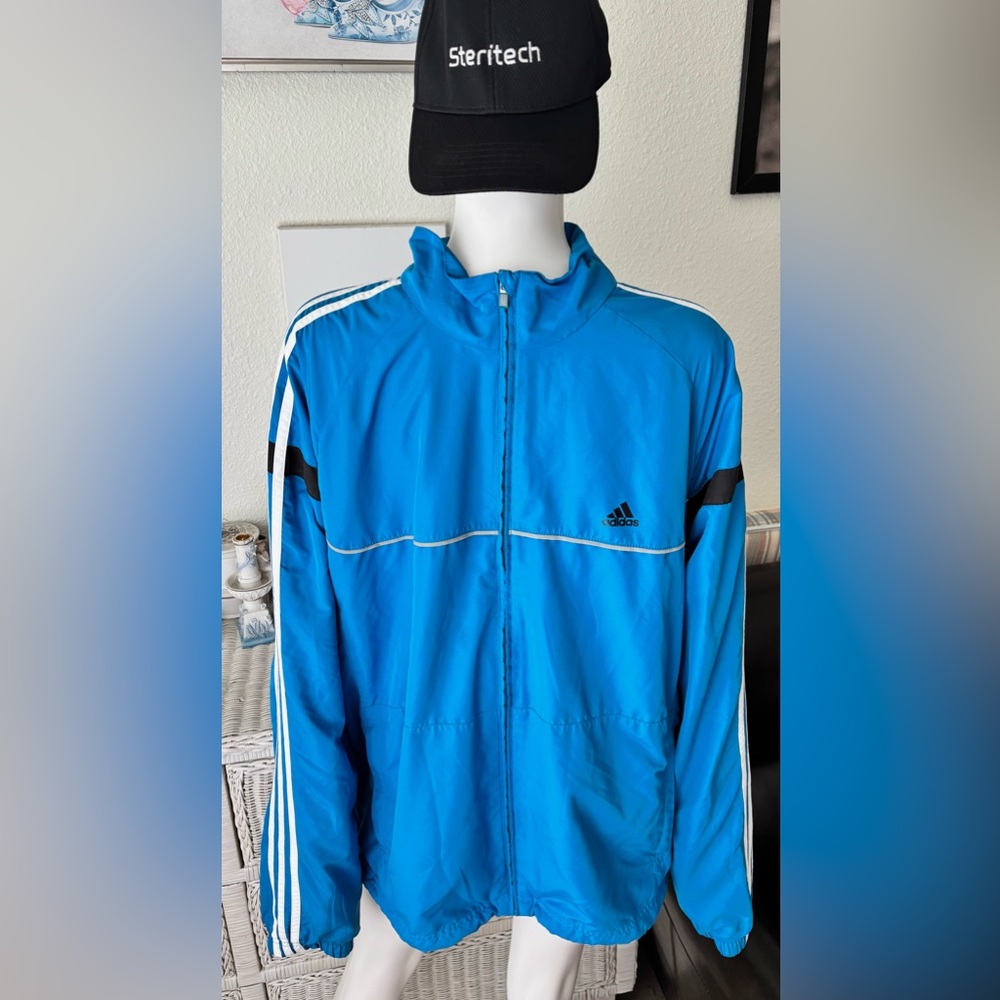 Adidas Blue Windbreaker Zip Up Track Jacket 3 Iconic White Sleeve Stripes Sz. XL